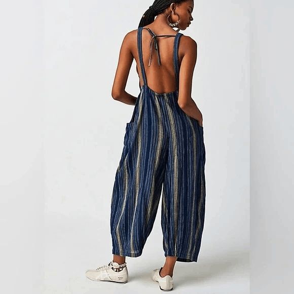 Free People Kind Favor Navy Blue Cotton Wide Leg Romper Jumpsuit Medium - Picture 12 of 12